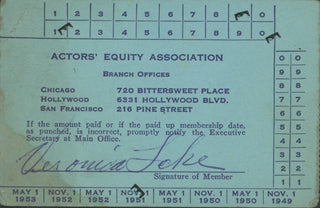 Lake, Veronica. (1922-1973) Signed Actor's Equity Card