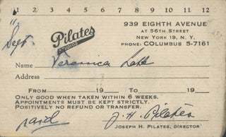 Lake, Veronica. (1922-1973) [Pilates, Joseph. (1883-1967) ] Pilates Studios Membership Card - Signed by Lake and the Founder of Pilates!