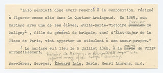 Lalo, Edouard. (1823–1892) Autograph Letter about his Wedding