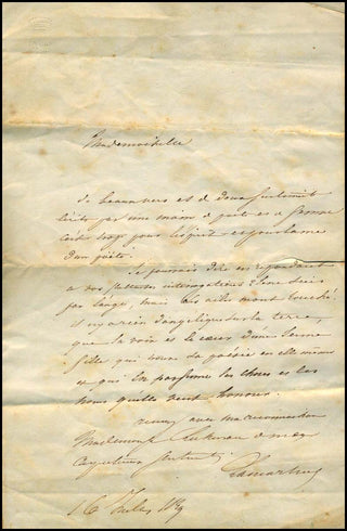 [Literature] Lamartine, Alphonse de. (1790 - 1869) Autograph Letter