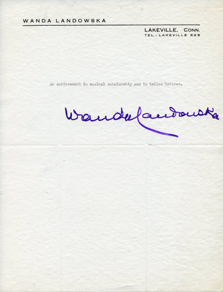 Landowska, Wanda. (1879–1959) Five Signed Letters or Statements