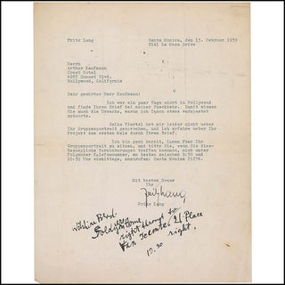 [Hollywood] Lang, Fritz. (1890 - 1976) Interesting Letter to Arthur Kaufmann