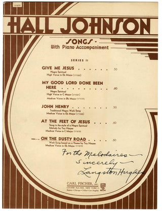 Hughes, Langston. (1902- 1967) [Johnson, [Francis] Hall. (1888 - 1970) On the Dusty Road. Poem by Langston Hughes. Music by Hall Johnson. On a Theme by Toy Harper. - SIGNED TO THE MELODAIRES