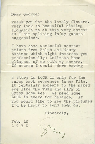 Lee, Gypsy Rose. (1911 - 1970) Typed Letter Signed to George Leonard