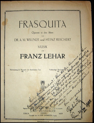 Lehar, Franz. (1870 - 1948) "Frasquita," inscribed to Richard Tauber