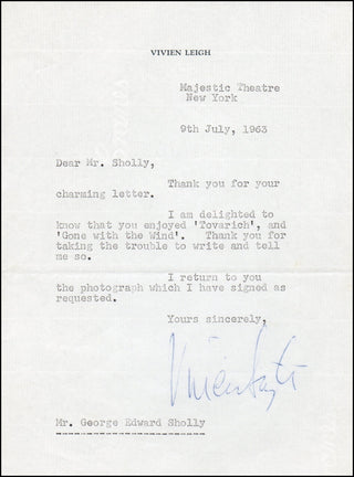 [Gone with the Wind - 75th Anniversary] Leigh, Vivien. (1913-1967) Signed Letter mentioning "Gone with the Wind."