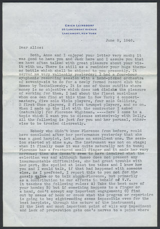 Leinsdorf, Erich. (1912–1993) Typed Letter Signed to Alice Chalifoux