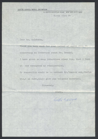 Lenya, Lotte. (1898–1981) Typed Letter Signed about Brecht