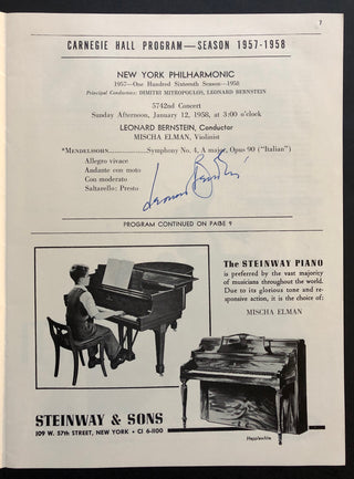 Bernstein, Leonard. (1918–1990) Signed Carnegie Hall Program