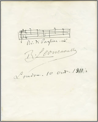 [Pagliacci] Leoncavallo, Ruggero. (1857-1919) Autograph Musical Quotation, "Ridi Pagliaccio."