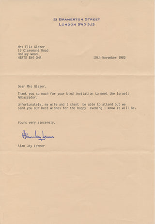 Lerner, Alan Jay. (1918–1986) Typed Letter Signed  - "Thank you so much for your kind invitation to meet the Israeli Ambassador"