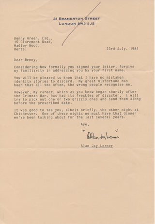 Lerner, Alan Jay. (1918–1986) "My career, which as you know began shortly after the Crimean War, has had its freckles of disaster" - Typed Letter Signed