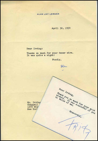 Lerner, Alan Jay. (1918-1986) & Loewe, Frederick. (1901-1988) Signed Letters following Gigi's Oscar Sweep