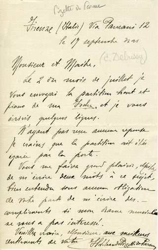 [Debussy, Claude. (1862-1918)] Colonne, Édouard. (1838-1910) & Bréval, Lucienne. (1869-1935) & Plumet, Charles. (1861-1928) & Campanini, Cleofonte. (1860-1919) & Dippel, Andreas. (1866-1932) & Sinigaglia, Leone. (1868-1944) & Depanis, Giuseppe. (1853-1942