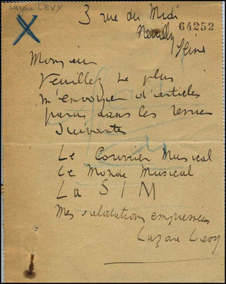 Levy, Lazare. (1882-1964) Autograph Letter