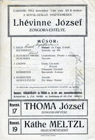 Lhévinne, Josef. (1874 - 1944) Early Hungarian Signed Program