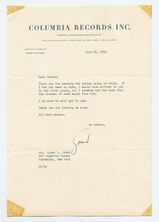 Lieberson, Goddard. (1911–1977) [Diamond, David. (1915–2005)] Two Typed Letters Signed from the Collection of DAVID DIAMOND