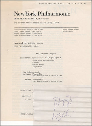 Ligeti, Gyorgy. (1923–2006) Autograph Signature with1964 Program from Premiere of "Atmosphères."