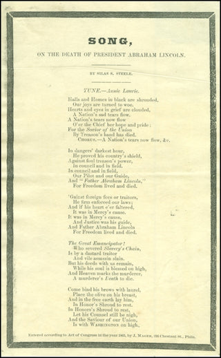 [Lincoln, Abraham. (1809 - 1865)] Steele, Silas Sexton. Song on the Death of President Abraham Lincoln