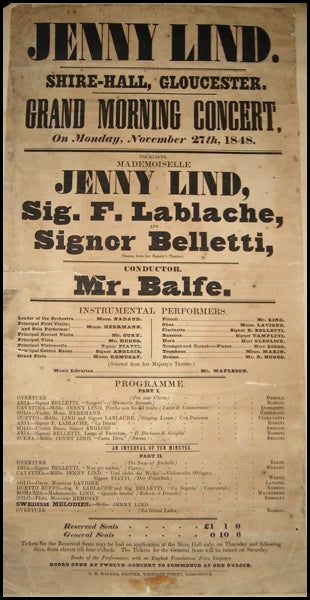 Lind, Jenny. (1820-1887) Rare 1848 Concert Broadside