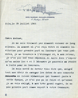 Lipatti, Dinu. (1917-1950) [Descaves, Lucette. (1906 - 1993)] Typed Letter Signed