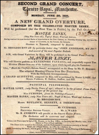 Liszt, Franz. (1811–1886) Original 1825 Program of the young "Master Liszt."