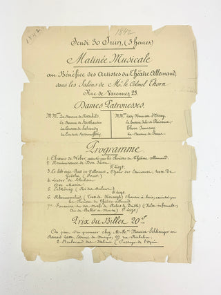 Liszt, Franz. (1811–1886) Original 1842 Broadside for a Performance at Colonel Thorn's Salon