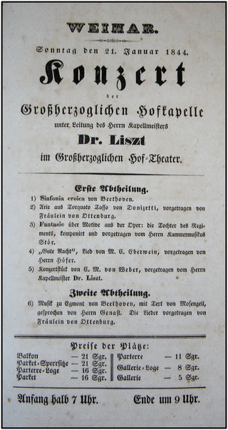 Liszt, Franz. (1811–1886) Original 1844 Weimar Broadside Program