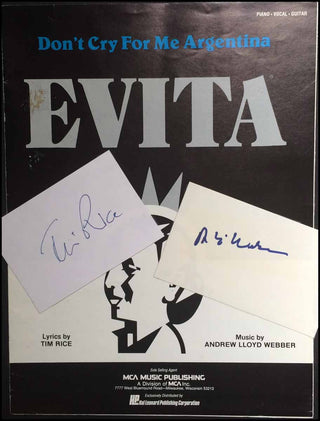 Webber, Andrew Lloyd. (b. 1948) & Rice, Tim.  Autograph Signatures and "Evita" Music.