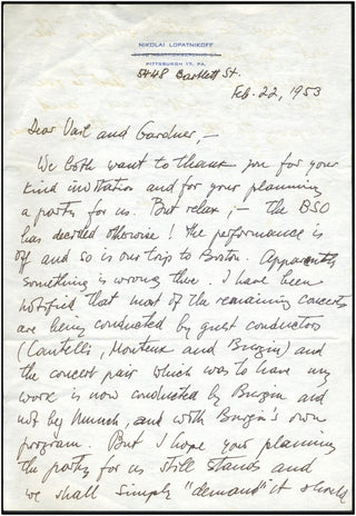 Lopatnikoff, Nikolai. (1903–1976) Autograph Letter regarding a canceled BSO performance of his work