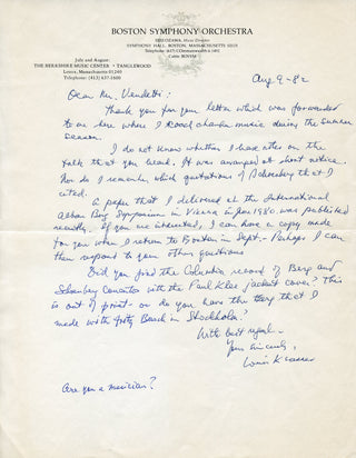 Krasner, Louis. (1903–1995) Autograph letter signed, mentioning the Berg and Schoenberg Concertos