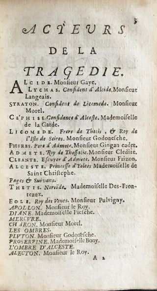 Lully, Jean Baptiste. (1632–1687) [Libretto by Philippe Quinault] Alceste ou le Triomphe d'Alcide. Tragédie représentée devant Sa Majesté à Fontainebleau. LIBRETTO