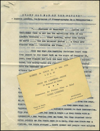 [Film &amp; Theatre] [Lumiere, Louis. (1864 - 1948) &amp; Lumiere, Auguste. (1862 - 1954) "Soirée de Gala du 1er Mai 1935...Présentation des Premiers Films en Relief LOUIS LUMIERE" --  Printed Invitation and Typescript News Article