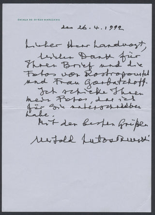 Lutoslawski, Witold. (1913–1994) Autograph Letter -  "Thanks for...the photos of Rostropovich and Mrs. Gorbachev"