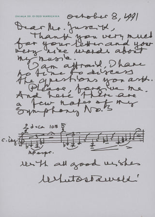 Lutoslawski, Witold. (1913-1994) "Symphony No. 3" - Autograph Letter Signed with Musical Quotation