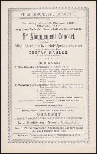 Mahler, Gustav. (1860-1911) Original 1901 Concert Program