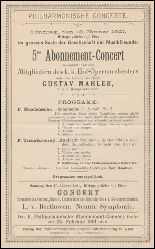 Mahler, Gustav. (1860-1911) Original 1901 Concert Program