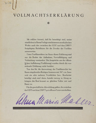 [Mahler, Gustav. (1860–1911)] Mahler, Alma. (1879–1964) Signed Document Granting Rights to Mahler's Music