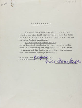 [Mahler, Gustav. (1860–1911)] Mahler, Alma. (1879–1964) Signed Document Regarding Copyright to Mahler's Seventh Symphony