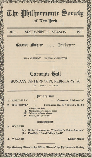 Mahler, Gustav. (1860–1911) Program Page from one of Mahler's Ill-Fated 1911 Concerts