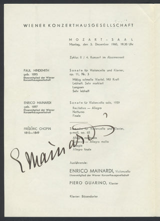 Mainardi, Enrico. (1897–1976) Signed Program