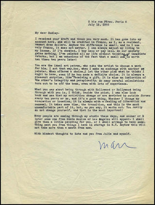 Ray, Man. (1890 - 1976) Signed Letter to Dudley Nichols