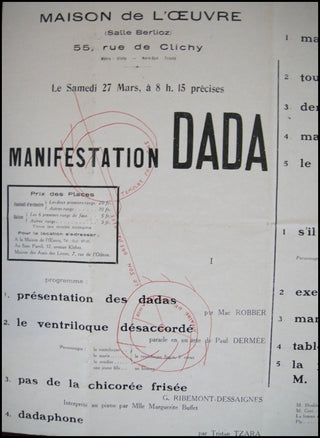 [Dada] Tzara, Tristan. (1896 - 1963) &amp; Picabia, Francis. (1879 - 1953) Manifestation Dada. Le Samedi 27 Mars, à 8 f. 15 précises