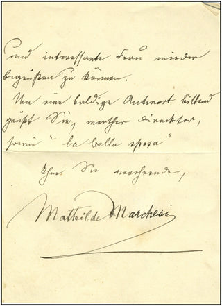 Marchesi, Mathilde de Castrone. (1821-1913) Interesting letter, mentioning her daughter&apos;s performance!