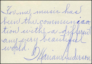 Anderson, Marian. (1897–1993) Signed Autograph Quotation about Music