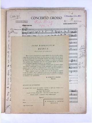 Markevitch, Igor. (1912–1983) [Lifar, Serge. (1905–1986)] Concerto Grosso (1930)  - Annotated First publisher's proof, inscribed to Serge Lifar