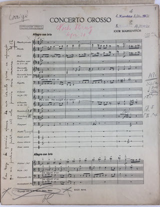 Markevitch, Igor. (1912–1983) [Lifar, Serge. (1905–1986)] Concerto Grosso (1930)  - Annotated First publisher's proof, inscribed to Serge Lifar