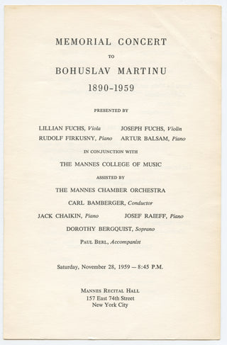 Martinu, Bohuslav. (1890–1959) Group of Letters and Autograph Musical Quotations