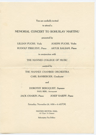 Martinu, Bohuslav. (1890–1959) Group of Letters and Autograph Musical Quotations