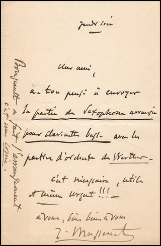 Massenet, Jules. (1842-1912) Autograph Letter regarding the saxophone part for Werther